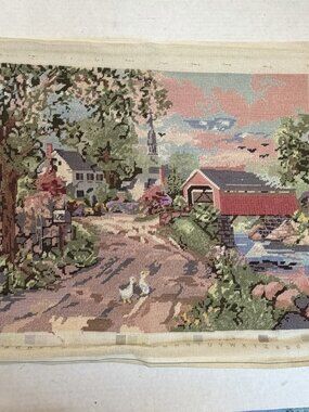 Vintage Finished Needlepoint Canvas Cottage House River Landscape